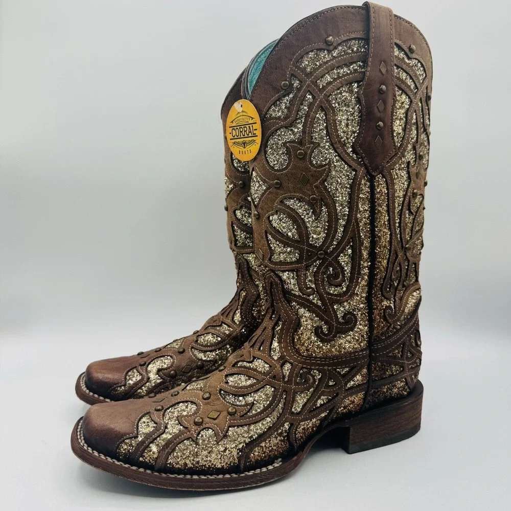 Corral Orix Glitter Inlay‎ Boots Women's Size 11 Brown Leather Gold Studded